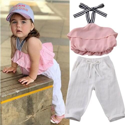 Free shipping kids Toddler Baby Girls clothes Off Shoulder strap striped pullover Ruffle T-shirts Bandage pocket solid Pants 2pc