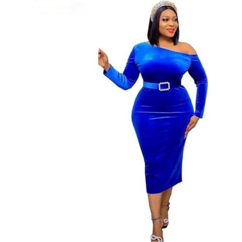 2021 Velvet Bodycon Dress African Dresses for Women Sexy Long Sleeve Inclined Shoulder Robe Femme African Clothes Elegant Belt