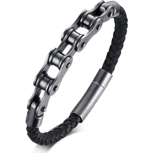 2021 Fashion European And American Style Stainless Steel Bicycle Chain Leather Bracelet Customized For Men' Accessories