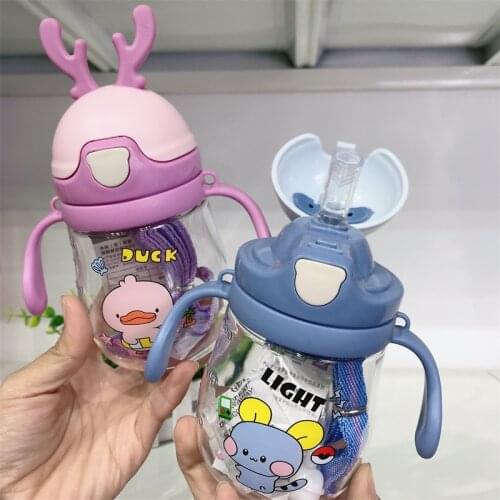 370ml Baby Feeding Straw Cup Children Learn Feeding Drinking Tritan Drink Water Bottles Kids Training Cup With Strap Cartoon