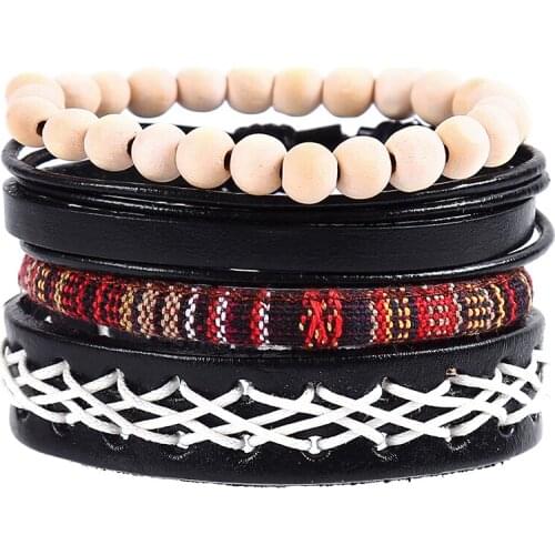 4pcs/set hippie punk black brown leather band beige wood beads white cord knots wrap wide stackable Bracelets Bangles for man