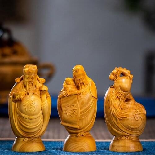 Boxwood 8 cm carved solid wood Buddha crafts home Fortune Feng Shui Small Ornaments Fu Lu Shou Samsung