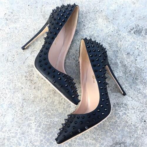 Free shipping fashion women pumps Casual Black matt leather spikes pointed toe high heels shoes 12cm 10cm 8cm Stiletto heeled