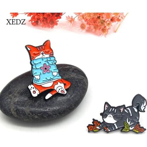 XEDZ 2021 New Arrival Blue Sweater Orange Cat Enamel Brooch Cartoon Gray Lazy Animal Badge Childrens Clothing Accessories Gift