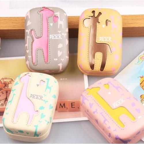Deer pattern contact lens case with mirror PU colored contact lens case cute Lovely Travel box Eyewear Accessories