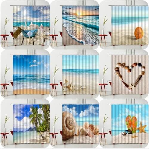 Scenery Shower Curtain Set Coconut Tree Beach Starfish Wishing Bottle Heart-Shaped Shell Polyester Fabric Bathtub Decoration