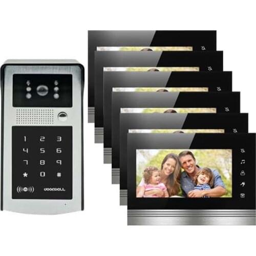 Home Security Video Intercom System 7" Wired Video Door Phone Doorbell RFID Camera LED Night Vision 1Camera 6Monitors in stock