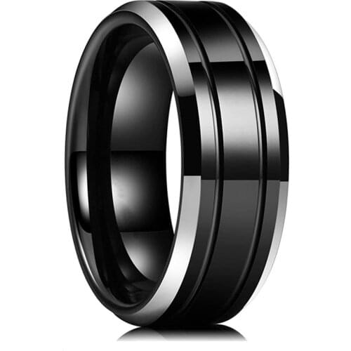 8mm Double Groove Mens Ring Stainless Steel Black Ring for Anniversary Gift