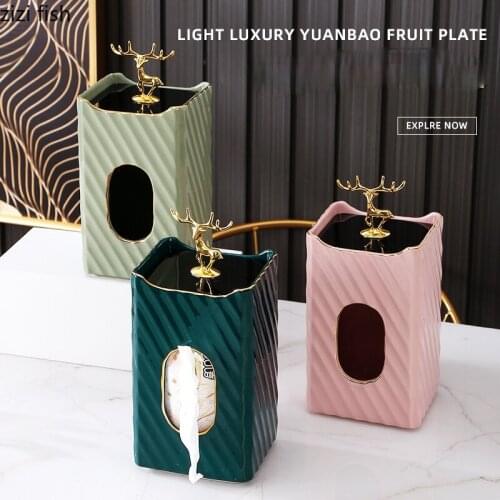 European Rectangular Ceramic Tissue Box Golden Elk Decoration Household Removable Napkin Storage Container Deer Tissue Box Gift