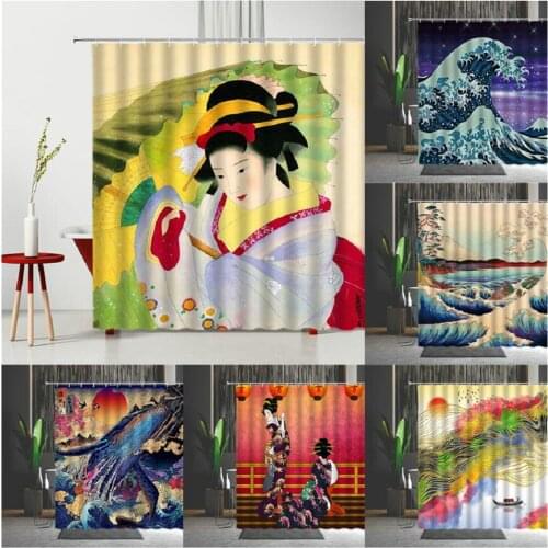 Beautiful Japanese Scenery Shower Curtain Singer Kanagawa Waves Pattern Polyester Fabric Home Decor Waterproof Cloth Curtain