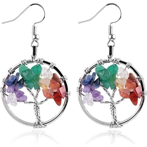 30mm Tree Of Life Wire Wrapped Tumbled The Crystal Onyx Turquois Lapis Lazuli Stone Beads Round Dangle Drop Hook Earrings 1pair