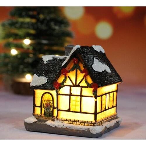 Miniature Figurines Cute Dreamy Snow Scene Cottage House with Light Christmas Desk Ornament Accessories Craetive Kids Toy Gift