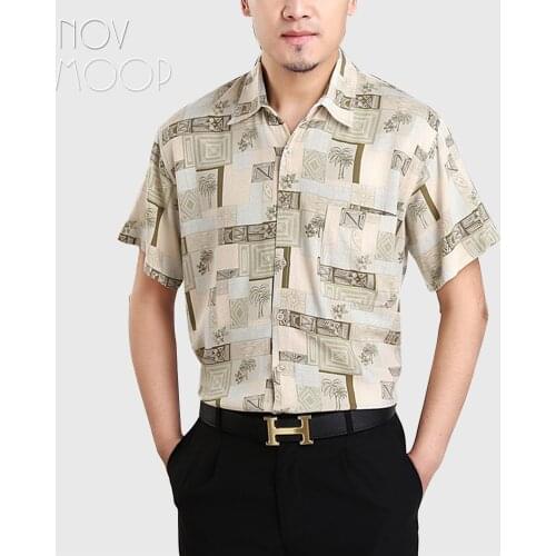 Summer men 100% natural silk shirts short sleeve beige plant geometric holiday shirt chemise homm camiseta masculina LT2253