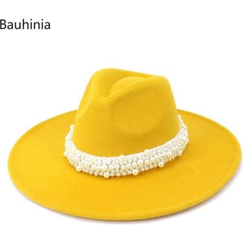 The New Wool Jazz Fedora Hats With pearl Ribbon Men Women 9.5CM Wide Brim Gentleman Elegant Trilby Formal Party Cap