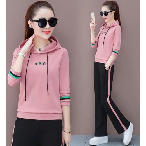 Autumn Plus Size Sets Womens Outfits Fashion Loose Long Sleeved Hooded Sweatshirt Two Piece Sportswear Green Clothes Yellow Pink