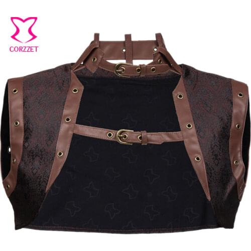 Sexy Sleevele Brown Brocade with Leather Collar Steampunk Jacket Women Bolero Gothic Clothing Halloween Corset Accessories