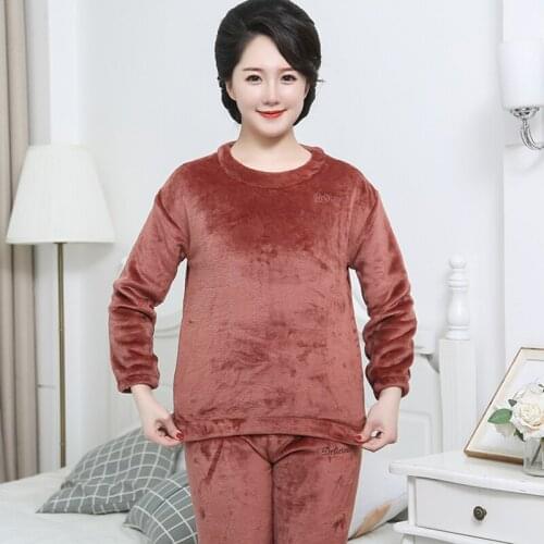 Spring Autumn Winter Middle-aged Women Plus Velvet Pajamas Pullover Top Trousers Two-piece Set Warm Womens Home Service Pajamas