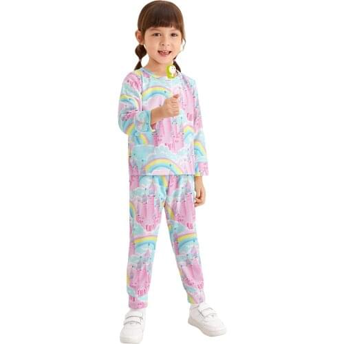Spring Autumn Girls Pajamas Set Castle Rainbow Print Long Sleeve Blouse + Trousers 2 Pieces Kids Sleepwear Suit