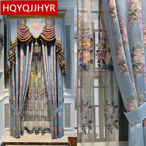 European top jacquard thickened blackout curtains for living room high quality blue curtains for bedroom hotel apartments