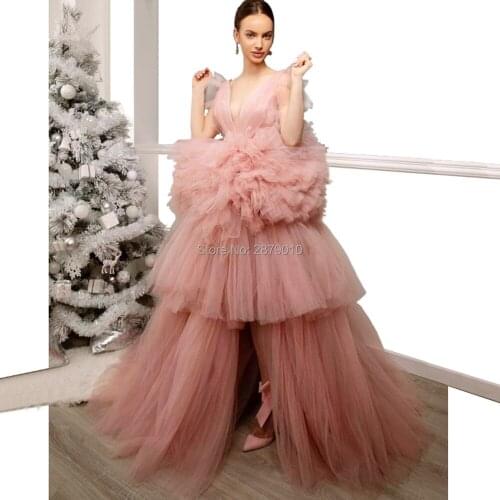 Pink V-Neck Ball Gown Tulle Straps Long Evening Dress Full-Length Sleeveless Tiered Layered Party Dress Formal Dress Zipper