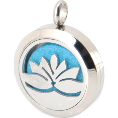10pcs 25mm silver Lotus Flower Aromatherapy Essential Oil 316 Stainless Steel Perfume Diffuser Locket Necklace with chain