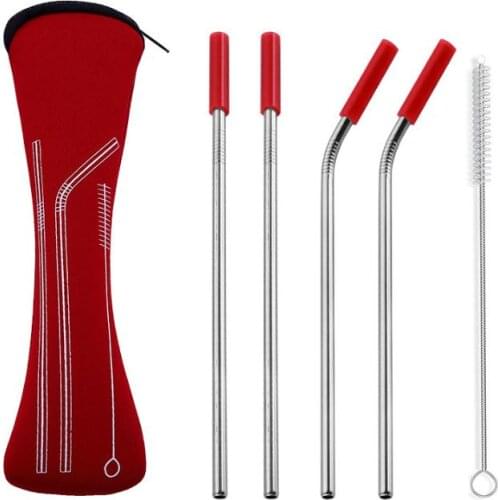 100 Sets 4pcs/set Reusable Stainless Steel Straws With Silicone Tips With Clean Brush & Cloth Bag Wedding Party Straw SN1814