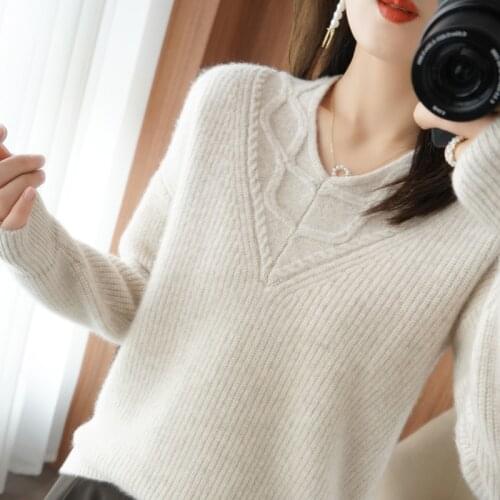 2021 Fall/Winter New Womens Pullover Casual XXL 100% Wool Sweater Loose Korean V-neck Cashmere Sweater Womens Top HOT