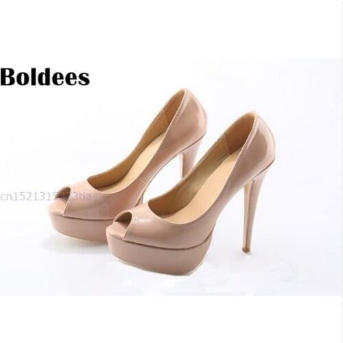 Patent Leather High Heel Platform Pumps Fashion Woman Luxury Peep Toe Shoes Designer Party Wedding Shoes Zapatos Mujer