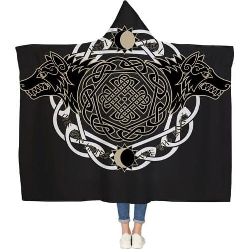 Viking Wolf Form Fantasy Totem Religion Symbol Custom Hooded Blanket Fleece Hooded Throw WrapBed Blanket
