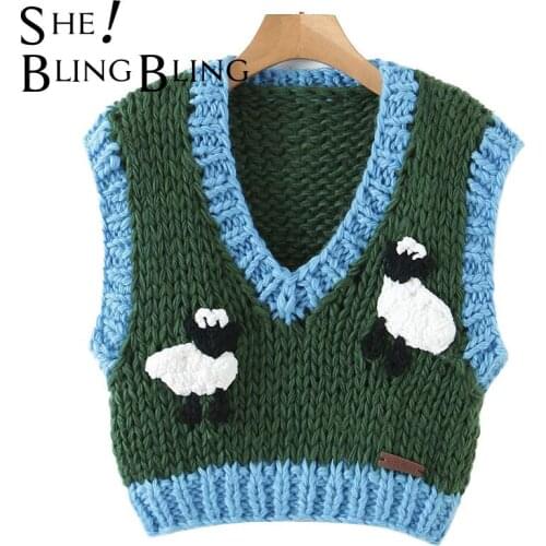 SheBlingBling Za Woman 2021 Gilets Autumn Winter Sleeveless Chunky Knit Jumper Sheep Cloud Detail Casual Traf Vest Crop Sweaters