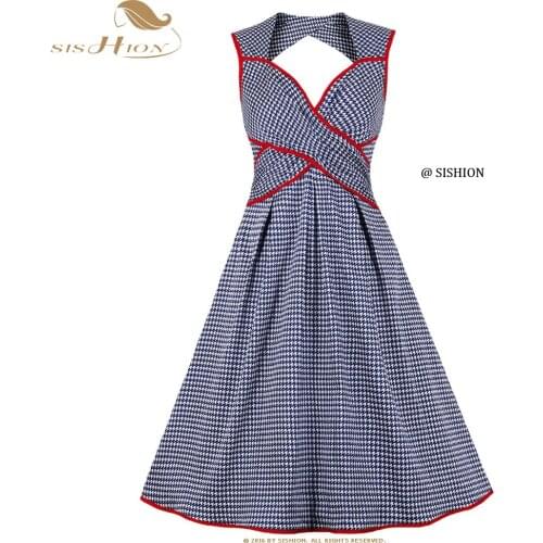 SISHION Sexy Backless Women Summer Dress VD2091 Blue Plaid Cotton Sleeveless 50s Vintage Dress with Bow Vestido