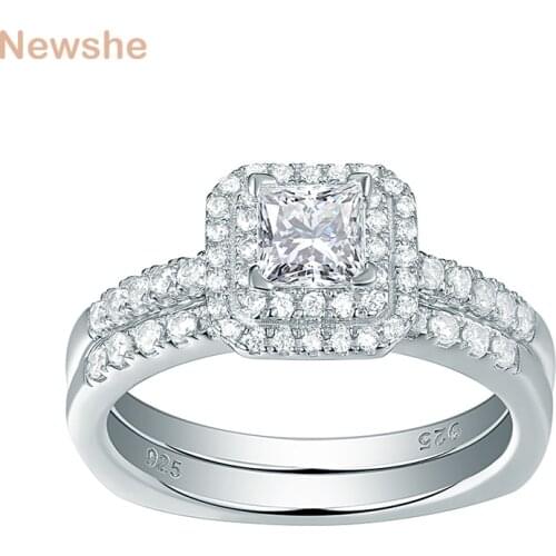 Newshe 2 Pcs Halo Wedding Ring Set White Princess Cut AAA CZ 925 Sterling Silver Engagement Rings For Women Gift Jewelry 1R0057
