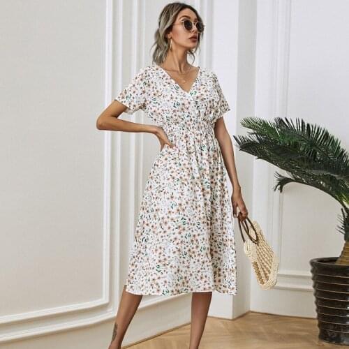 Women White Floral Printed V Neck Beach Midi Dress Lady Short Sleeve A-line Chiffon Dress Casual Summer Dress Vestidos 2021 New