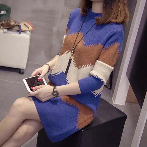 New Spring Autumn Women Sweater Dress Fashion Stripe Patchwork Knitted Dress Plus Size Casual Ladies Pull femme Vestidos