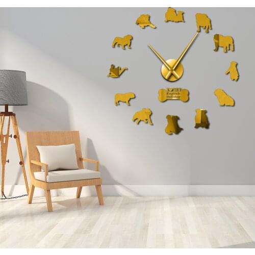 English Bulldog Contemporary 3D DIY Wall Clock With Cute Bone British Bulldog Dog Breeds Pet Shop Mirrors Surface Clock Watch