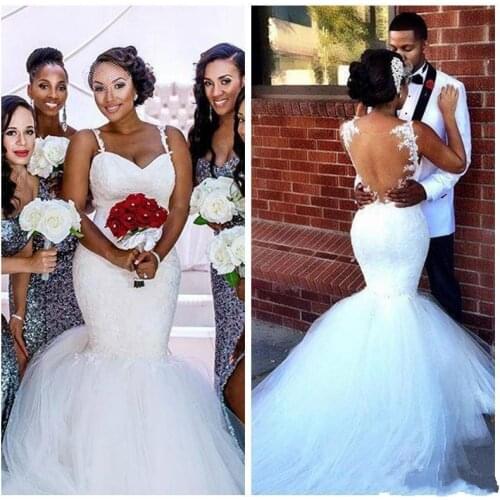 White Spaghetti Black Girl Lace Appliques Mermaid Wedding Dresses See Through Bridal Gowns Custom Made