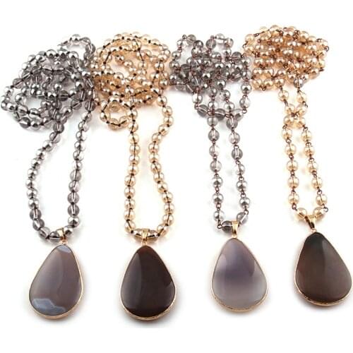 Free Shipping Fashion Bohemian Tribal Jewelry 8mm Glass BeadsLong Knotted Stone Drop Pendant Necklace