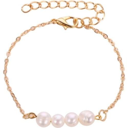 Simulated Pearl White Beads Copper Golden Chain Light Bracelets For Women Girls Simple Fashion Jewelry
