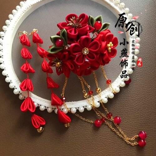 Kimono Pure Handwork Japanese style Hairpin Sakura Tassel Bead Chian Kanzashi Chinese Hanfu Photography Bride Headdress Wine Red