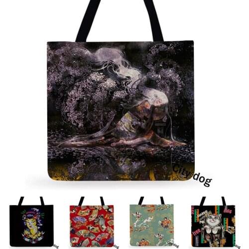 Japanese style cartoon animal Kimono woman linen Casual Tote Foldable Shoulder Shopping Bag Bag Reusable Women Beach Bag