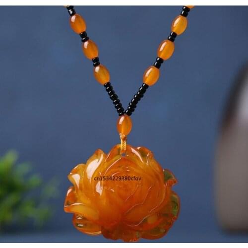 Chinese Yellow Beeswax Water Drop Flowers Gourd Leaves Amber Pendant Necklace Men Women Mala Meditation Jewelry Sweater Chain