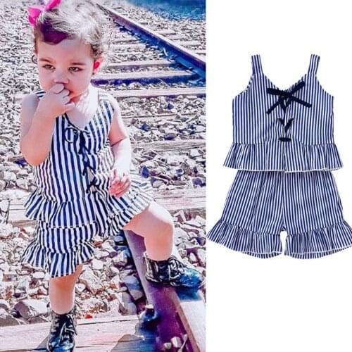 1-4 Years Baby Girls Outfit Summer Blue Vertical Stripes Sleeveless Lace Up Top + Flouncing Shorts Kids Toddler Gils Clothes Set