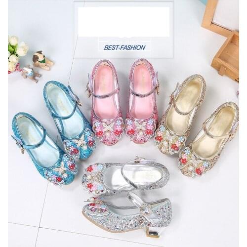 Princess Leather Shoes For Girls Bow High Heels Shoes Party Sequin Childrens Shoes Small And Medium Girls Crystal Shoes