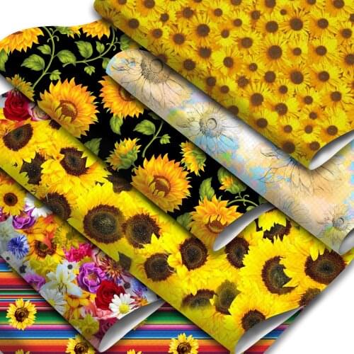 Sunflower Printed Synthetic Leather Sheets Floral Flowers Blossom Printed Synthetic Leather Fabric Roll 30x140cm for DIY Earring