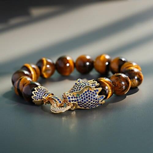 Luxury Trendy Micro Pave Blue CZ Leopard Men Bracelets 12MM Tiger Eye Stone Beads Bracelet Men Bangles Bijoux Men Jewelry
