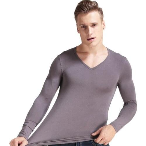 Men Thin Thermal Underwear Modal Winter Warm Tops Low V Neck Long Sleeves Thermo Clothes