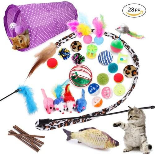 28 Pcs Cat Toys Kit Collapsible Tunnel Indoor Kitten Cat Feather Teaser Wand Mice Balls Bell Catnip Molar Toothpaste Fun Channel