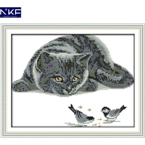 NKF The Curious Cat Pattern Handmade Craft Needlework Cross Stitch Embroidery Kit Cross Stitch for Home Decor