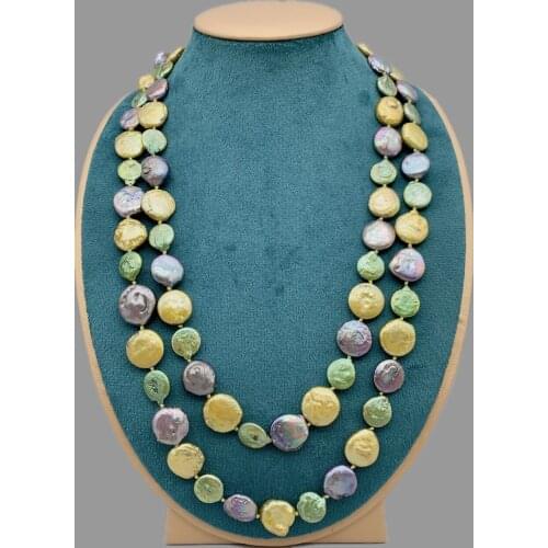 FoLisaUnique 11-12mm Freshwater Black Green Coin Pearls Necklace For Women Birthday Gift Trendy Jewelry Long Necklace 47 Inch