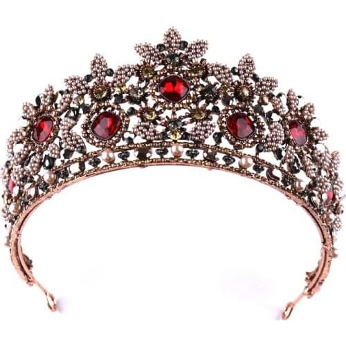 Luxury Red Rhinestones Crown Vintage Pageant Baroque Style Tiara Wedding Hair Accessories For Brides Hair Jewelry
